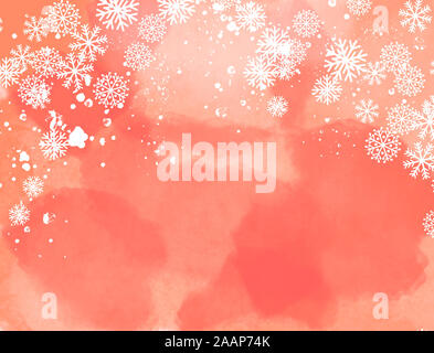 Aquarell gemalt abstrakte Winterlandschaft in rot mit Schneeflocken und Schnee Kristalle. Mit kopieren. Computer generiert. Stockfoto