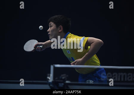 Tampines entfernt. 23 Nov, 2019. Tomokazu Harimoto (JPN), Nov 23, 2019 - Tischtennis: Match 23 - Koki Niwa (JPN) vs Tomokazu Harimoto (JPN) an T2 Diamond 2019 Singapur in Tampines entfernt. Credit: haruhiko Otsuka/LBA/Alamy leben Nachrichten Stockfoto