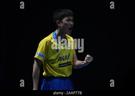 Tampines entfernt. 23 Nov, 2019. Tomokazu Harimoto (JPN), Nov 23, 2019 - Tischtennis: Match 23 - Koki Niwa (JPN) vs Tomokazu Harimoto (JPN) an T2 Diamond 2019 Singapur in Tampines entfernt. Credit: haruhiko Otsuka/LBA/Alamy leben Nachrichten Stockfoto