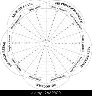 Rad des Lebens - Diagramm - Coaching Tool in Schwarz und Weiß - Französische Sprache Stock Vektor