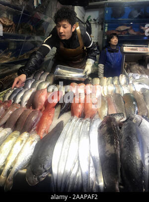 Peking, China. 23 Nov, 2019. Eine chinesische Fischhändler hilft einem Kunden bei einer der großen Märkte in Peking am Samstag, 23. November 2019. China hat seine Schätzung der Größe der Verlangsamung der Wirtschaft um rund 2 Prozent erhöht Nach einer nationalen wirtschaftlichen Volkszählung, trotz Chinas Wirtschaft auf die langsamste seit 1992 wächst. Die Verlangsamung der Wirtschaft hat den Verbrauchern schaden als die Lebenshaltungskosten, insbesondere Lebensmittel, setzt pro Haushalt zu erhöhen. Foto von Stephen Rasierer/UPI Quelle: UPI/Alamy leben Nachrichten Stockfoto