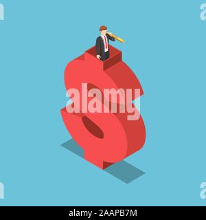 Wohnung 3 d isometrische Geschäftsmann mit Teleskop auf der Spitze des Dollarzeichen. Unternehmen Vision und finanzielle Transparenz Konzept. Stock Vektor