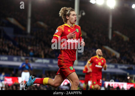 Norwich City Todd Cantwell feiert seine Seiten erstes Ziel zählen während der Premier League Spiel im Goodison Park, Liverpool. Stockfoto