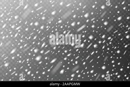 Schneefall in den transparenten Hintergrund. Weihnachten defokussierten Schneeflocken. Winter blizzard Textur. Realistische Schneesturm mit unterschiedlichen Schneeflocken. Vektor Stock Vektor