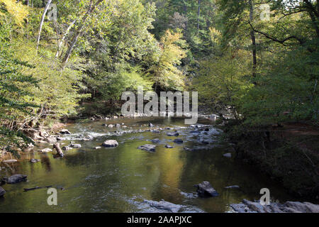 Der ENO-Fluss, über Felsen und Geröll durch einen Wald in Eno River State Park, North Carolina, USA, an einem sonnigen Tag Stockfoto