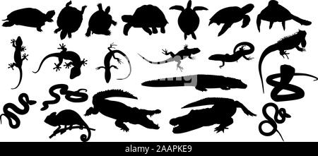 Reptilien Tiere schwarz Vektor Silhouetten Stock Vektor