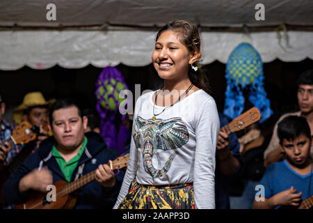 Zapateado Tänzer ein traditioneller Volkstanz während einer Nachbarschaft Huapango in Santiago Tuxtla, Veracruz, Mexiko. Die Tänzer tanzen handelt es sich um markante ihre Schuhe auf einer hölzernen Plattform, während eine große Gruppe von Musikern Streichinstrumente spielen. Die Versammlungen werden, nehmen an der Los Tuxtlas Bergdörfer für einzelne Leute zu treffen. Stockfoto