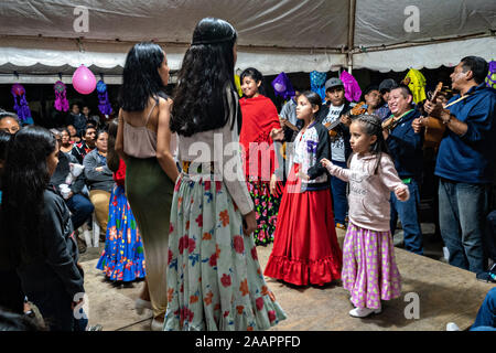 Zapateado Tänzer ein traditioneller Volkstanz während einer Nachbarschaft Huapango in Santiago Tuxtla, Veracruz, Mexiko. Die Tänzer tanzen handelt es sich um markante ihre Schuhe auf einer hölzernen Plattform, während eine große Gruppe von Musikern Streichinstrumente spielen. Die Versammlungen werden, nehmen an der Los Tuxtlas Bergdörfer für einzelne Leute zu treffen. Stockfoto