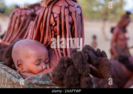 Frauen des afrikanischen Himba-Stammes kehren in das Dorf in der Nähe der Stadt Opuwo in Namibia, Südafrika, zurück Stockfoto