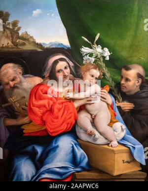 Jungfrau mit Kind und den Heiligen Hieronymus und Nikolaus von Tolentino von Lorenzo Lotto (1480-1556), Öl auf Leinwand, c. 1523/4 Stockfoto