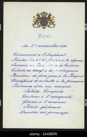 Abendessen (von) ADOLPHE GRAND-DUC DE LUXEMBOURG (at) handschriftlich in lila Tinte; Rot, Blau, Gold Crest; NAME DER FRAU statt. PAUL DANA GESTEMPELT AUF DER RÜCKSEITE; Französisch;;;;;;;; Abendessen [von] ADOLPHE GRAND-DUC DE LUXEMBOURG [at] Stockfoto