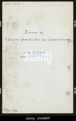 Abendessen (von) ADOLPHE GRAND-DUC DE LUXEMBOURG (at) handschriftlich in lila Tinte; Rot, Blau, Gold Crest; NAME DER FRAU statt. PAUL DANA GESTEMPELT AUF DER RÜCKSEITE; Französisch;;;;;;;; Abendessen [von] ADOLPHE GRAND-DUC DE LUXEMBOURG [at] Stockfoto