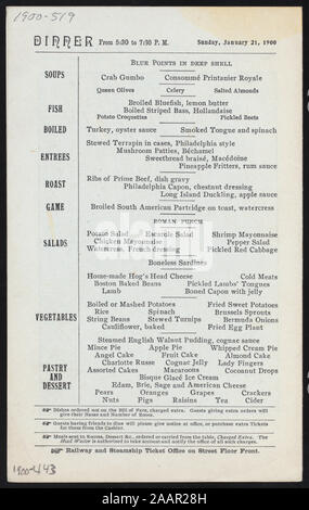 Abendessen (von) BROADWAY CENTRAL HOTEL (at) NEW YORK, NEW YORK (HOTEL gehalten ;) Abbildung: HOTEL; MAHLZEIT STUNDEN FESTGESTELLT; ORDNER UNTER HINWEIS AUF SEHENSWÜRDIGKEITEN IN NEW YORK UND EINSCHLIESSLICH EINER KARTE; MENÜ NOTEN UNITED STATES HOTEL, Boston; 1900-0443; Abendessen [von] BROADWAY CENTRAL HOTEL[at]NEW YORK, NEW YORK (HOTEL gehalten ;) Stockfoto