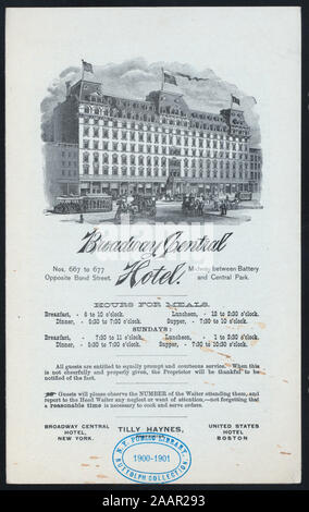 Abendessen (von) BROADWAY CENTRAL HOTEL (at) NEW YORK, NEW YORK (HOTEL gehalten ;) Abbildung: HOTEL; MAHLZEIT STUNDEN FESTGESTELLT; ORDNER UNTER HINWEIS AUF SEHENSWÜRDIGKEITEN IN NEW YORK UND EINSCHLIESSLICH EINER KARTE; MENÜ NOTEN UNITED STATES HOTEL, Boston; 1900-0443; Abendessen [von] BROADWAY CENTRAL HOTEL[at]NEW YORK, NEW YORK (HOTEL gehalten ;) Stockfoto
