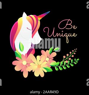 Niedlich Poster, Grußkarten oder Bekleidung drucken mit Einhorn, Blumen. Flache Gefälle. Schriftzug "eindeutig sein. Cartoon Charakter. Vector Illustration Stock Vektor