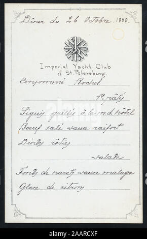 Abendessen (von) IMPERIAL YACHT CLUB von St. Petersburg (at) St. Petersburg, Russland (für;) HANDSCHRIFTLICHE IN FRANZÖSISCHER SPRACHE; SPONSOR VON FEB; HINWEIS AUF DER RÜCKSEITE, DASS ES SICH DIE MEISTEN EXKLUSIVEN CLUB VON RUSSLAND; Abendessen [von] IMPERIAL YACHT CLUB gehalten VON ST. PETERSBURG [at] ST. PETERSBURG, Russland (für;) Stockfoto