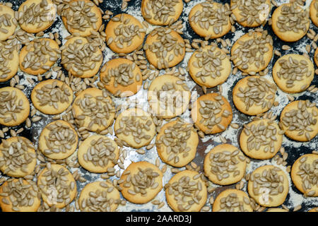 Flach Fach hausgemachte Cookies mit Sonnenblumenkernen nachfüllen. Frisch aus dem Ofen. Stockfoto