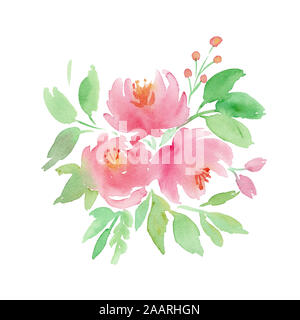 Handzeichnung boho Aquarell blumen Abbildung mit rosa Blumen, Zweige, Beeren, Blätter. Stockfoto