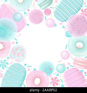 Boxing label Süßigkeiten Vorlage. Vector Illustration. Süßwaren eingestellt. Makronen, Eibisch, Donuts, Stock Vektor