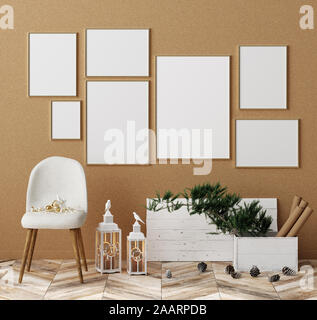 Mock up Frames mit Weihnachtsdekor in der Nähe von Sperrholz Wand, Weihnachten Innenraum Hintergrund, 3D-Rendering Stockfoto
