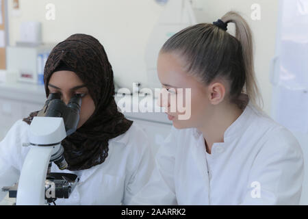 Zwei multiethnischen junge Wissenschaftlerinnen Experimente im Labor Stockfoto