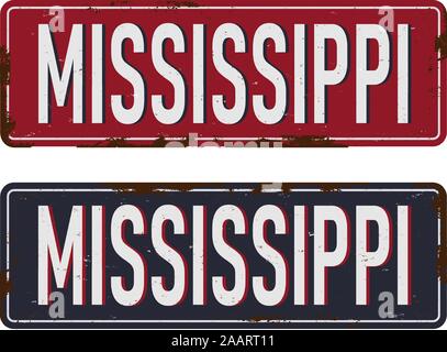 Vintage Tin Sign Mississippi. Retro Souvenirs oder Postkarte Vorlagen auf Rost Hintergrund. Stock Vektor