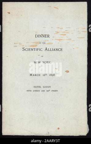 Abendessen (von) WISSENSCHAFTLICHE ALLIANZ VON NEW YORK (at) SAVOY HOTEL (heiß ;) Französisch; Toast; SEPARATE SEATING PLAN ENTHALTEN ALS KOPIE EIN; Abendessen [von] WISSENSCHAFTLICHE ALLIANZ gehalten VON NEW YORK [at] SAVOY HOTEL (heiß ;) Stockfoto