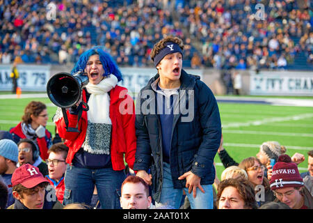 New Haven, Connecticut, USA. 23 Nov, 2019. November 23, 2019: Yale besiegt Harvard in doppelte überstunden 50-43, in einem Wettbewerb, der von einem ''fossiler Brennstoff'' Protest gekennzeichnet. Es war zur Halbzeit der 136 Ivy League treffen als die "Es-in'' an der 50 Yard Linie an Reese Stadion in New Haven, Connecticut stattgefunden hat. Dan HearyEclipse SportswireCSM/Alamy leben Nachrichten Stockfoto