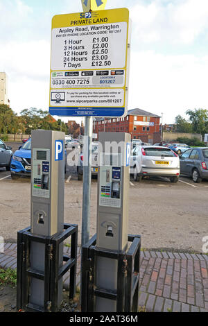 SipCarparks Arpley Road Zahlstelle Warrington, Cheshire, England, UK, WA1 1WT Stockfoto