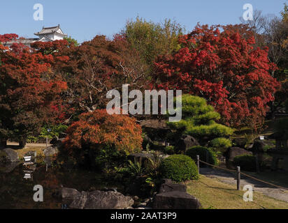 Eine Ansicht von Falllaub in den Koko-en neben dem Schloss Himeji in Himeji, Hyogo, Japan. Stockfoto