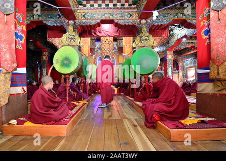 Tawang, Arunachal Pradesh, Indien - 03. Januar 2019: buddhistischer Mönch Gebete und spielt die Trommel für die torgya Festival im Inneren Torgya buddhistischer Tempel. Stockfoto