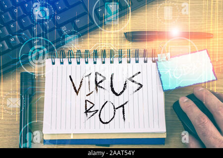 Handschrift text Virus Bot. Konzeptionelle Foto bösartige selfpropagating Malware einen Wirt zu infizieren. Stockfoto