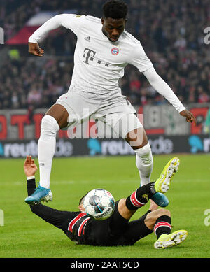 Düsseldorf, Deutschland. 23 Nov, 2019. Alphonso Davies (oben) des FC Bayern München Mias mit Erik Thommy von Düsseldorf während einer Deutschen Bundesligaspiel zwischen dem FC Bayern München und Fortuna Düsseldorf in Düsseldorf, Deutschland, November 23, 2019. Credit: Ulrich Hufnagel/Xinhua/Alamy leben Nachrichten Stockfoto