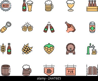Satz von Bier und Pub Color Line Symbole. Flasche, Becher, Flaschenöffner, Zylinder und mehr. Stock Vektor