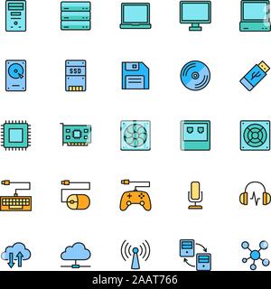 Satz von Komponenten des Computers Color Line Symbole. Server, Laptop, Monitor und mehr. Stock Vektor