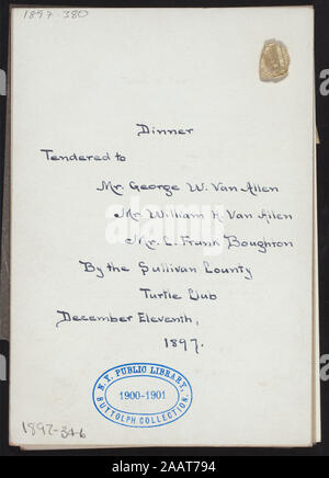 Abendessen mit George W VAN ALLEN, WILLIAM H VAN ALLEN,&C FRANK BOUGHTON (by) SULLIVAN COUNTY TURTLE CLUB (at) DELMONICO'S, NEW YORK, NY (warm gehalten ausgeschrieben;) Französisch; LISTEN WEINEN ZU JEDEM GANG; ERSTMALS MANHATTAN Cocktails mit Hors d'Oeuvre aufgeführt; Fotografien der Ehrengäste; GÄSTELISTE; SEIDENBAND ATTACHMENT; Abendessen zu George W. VAN ALLEN, William H. VAN ALLEN, &c. FRANK BOUGHTON [von] SULLIVAN COUNTY TURTLE CLUB [bei] DELMONICO'S, NEW YORK, NY (HOT ausgeschrieben;) Stockfoto