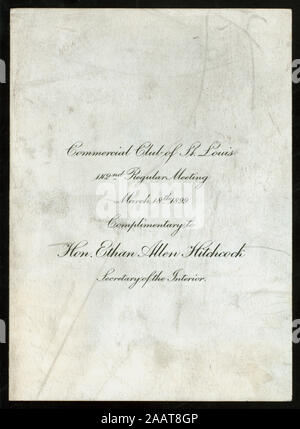 Abendessen HONETHAN ALLEN HITCHCOCK, Staatssekretär des Innern (Besitz) KOMMERZIELLE CLUB von St. Louis (at) St. Louis CLUB, (St. Louis, Missouri) (ANDERE (Club) ;) Weine serviert; französisches Menü; Abendessen zu HON. ETHAN ALLEN HITCHCOCK, Staatssekretär des Innern [von] kommerzielle Verein gehalten VON ST. LOUIS [at] ST. LOUIS CLUB, (St. Louis, Missouri) (ANDERE (Club) ;) Stockfoto