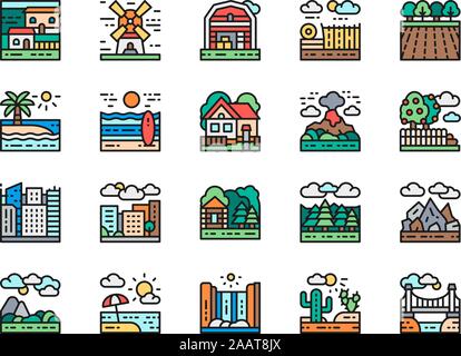 Satz von Landschaft und Megapolis Flachbild Color Line Symbole. Brücke, Wüste und mehr. Stock Vektor