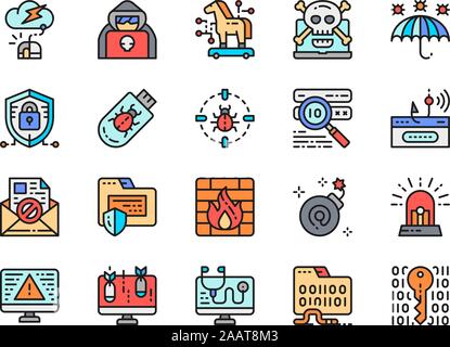 Der Cyber Security Color Line Symbole. Cyberkriminalität, Spion Agent, Firewall und mehr Stock Vektor