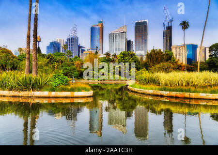 Hoch aufragenden Türmen der Stadt Sydney CBD über grüne Bäume und Gras von Sydney Botanic Gardens in Gewässern des Wassers Teich spiegelt unter blauem Himmel. Stockfoto