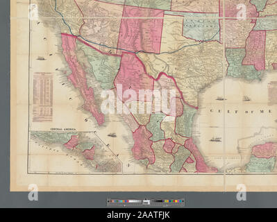 Der amerikanische Kontinent Relief dargestellt durch hachures. Prime meridian: Greenwich und Washington, D.C. Große cerographic Karte mit mehreren Tabellen, eine zeigt den absoluten Mangel an Standardisierung der Zeit über dem Land. Enthält Zeit und Abstand Tabelle, Liste der Präsidenten, 1860 Bevölkerungsstatistik, und Erläuterung der British American Besitztümer. Übersichtskarte: Mittelamerika. [Maßstab ca. 1:11,000,000]. Zuordnung der Nation (NEH gewähren, 2015-2018); Der amerikanische Kontinent Stockfoto