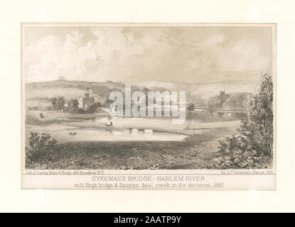 Dykeman's Bridge, Harlem River mit King's Bridge & Spuyten Teufel Creek in der Ferne Grafiker gehören Asher Brown Durand, H.B. Hall, Max Rosenthal und John sartain. Titel aus dem Kalender der Emmet Sammlung. EM 8014 Verfasserangabe: Sarony Major & Knapp; Dykeman's Bridge, Harlem River mit King's Bridge & Spuyten Teufel Creek in der Ferne Stockfoto