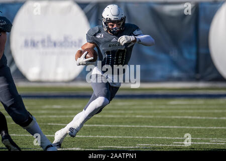 Houston, TX, USA. 23 Nov, 2019. Reis Eulen wide receiver Austin Trammell (10) läuft nach der Verriegelung während des 1. Quartals ein NCAA Football Spiel zwischen der North Texas Mean Green und der Reis Eulen am Rice Stadium in Houston, TX. Reis gewann das Spiel 20 zu 14. Trask Smith/CSM/Alamy leben Nachrichten Stockfoto