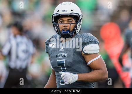 Houston, TX, USA. 23 Nov, 2019. Reis Eulen tight end Jordanien Myers (7) Während des 3. Quartals ein NCAA Football Spiel zwischen der North Texas Mean Green und der Reis Eulen am Rice Stadium in Houston, TX. Reis gewann das Spiel 20 zu 14. Trask Smith/CSM/Alamy leben Nachrichten Stockfoto