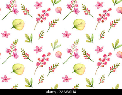 Aquarell kleine Blumen, Blätter und Zweige. Nahtlose tropische Muster isoliert auf Weiss. Bunt und süß Hand gemalte Illustration für Kinder Stockfoto