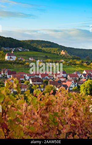 Klingenmünster: Schloss Landeck, Weinberg, Dorf und Kirche in Gleiszellen Weinstraße, Deutsche Weinstraße, Rheinland-Pfalz, Rheinland-Pfalz, Germ Stockfoto