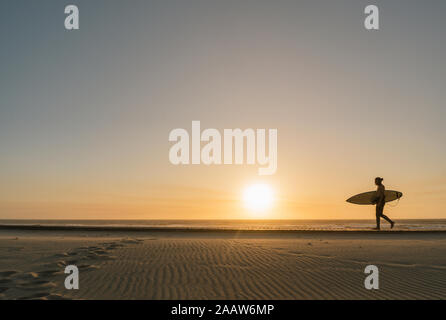 Surfer gehen mit dem Surfbrett in den Sonnenuntergang am Strand Stockfoto