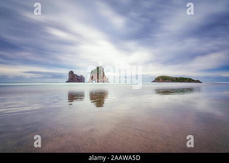 Neuseeland, Südinsel, Wharariki Beach, Torbogen Inseln, Felsen im Meer Stockfoto