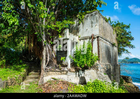 Blick auf die Altstadt Zuckerrohr Fabrik in Speyside, Tobago, Karibik Stockfoto