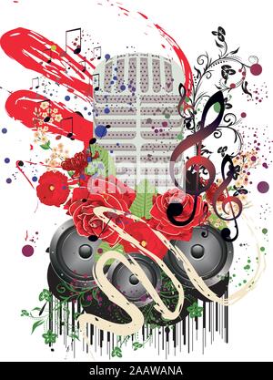 Vintage Mikrofon mit Lautsprecher, Grunge Musik Hintergrund. Stock Vektor